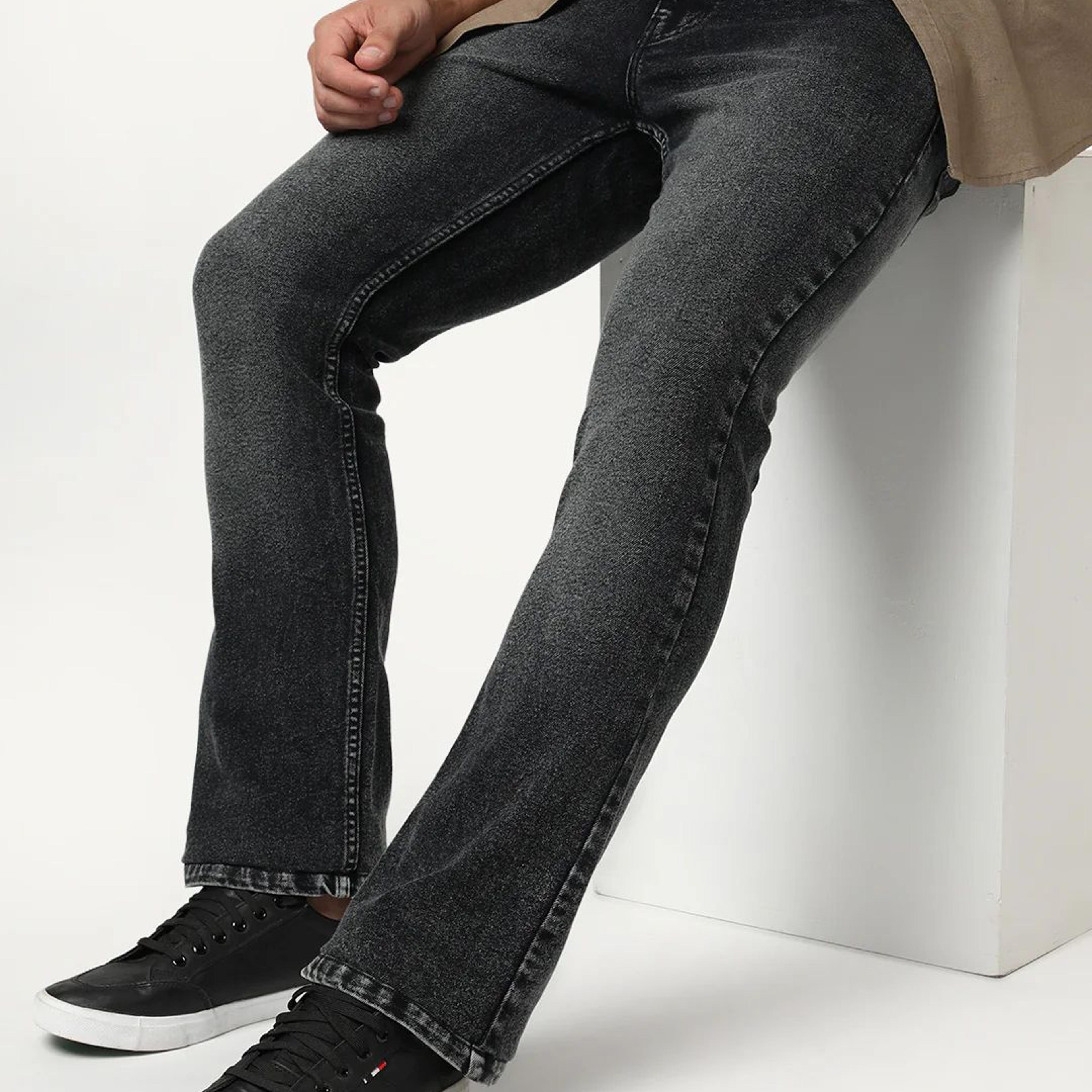 Men's Black Bootcut Fit Mid Rise Tinted Heavy Washed Jeans Stretchable