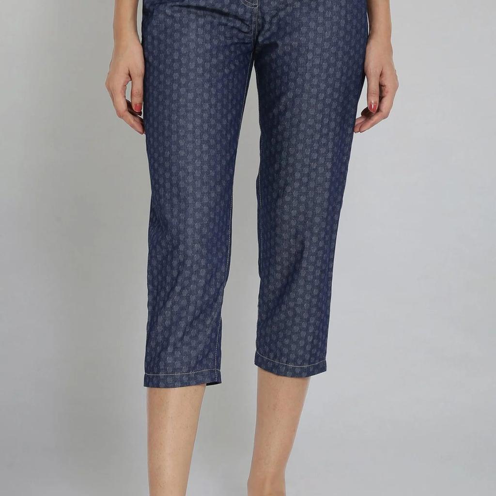 Blue Polka Dots Wide Leg Denim Culottes With Elasticated Waist