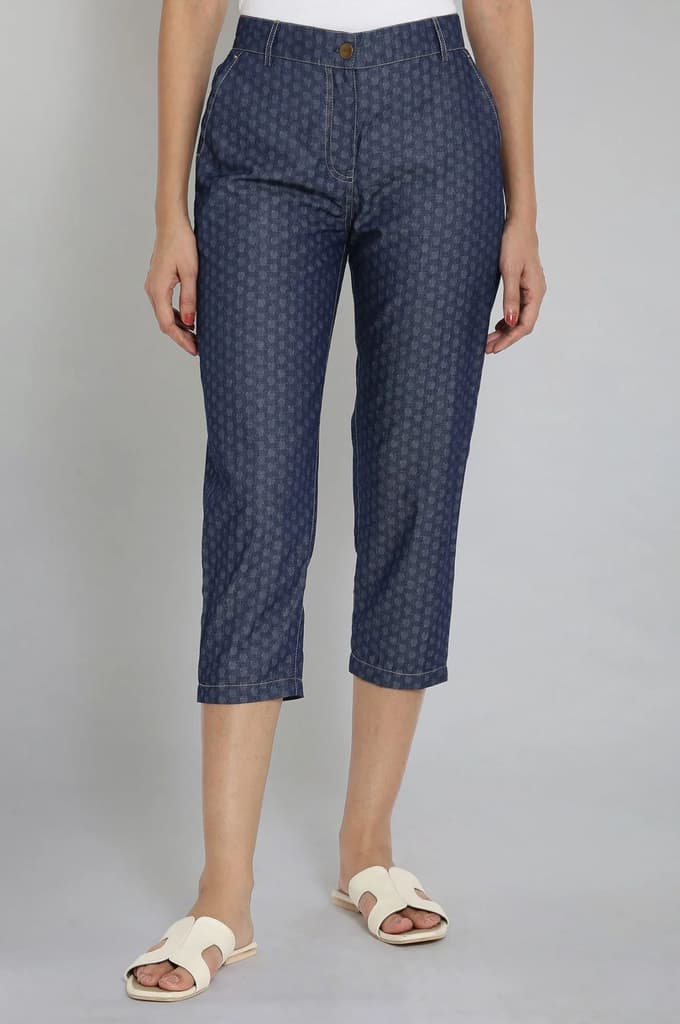 Blue Polka Dots Wide Leg Denim Culottes With Elasticated Waist