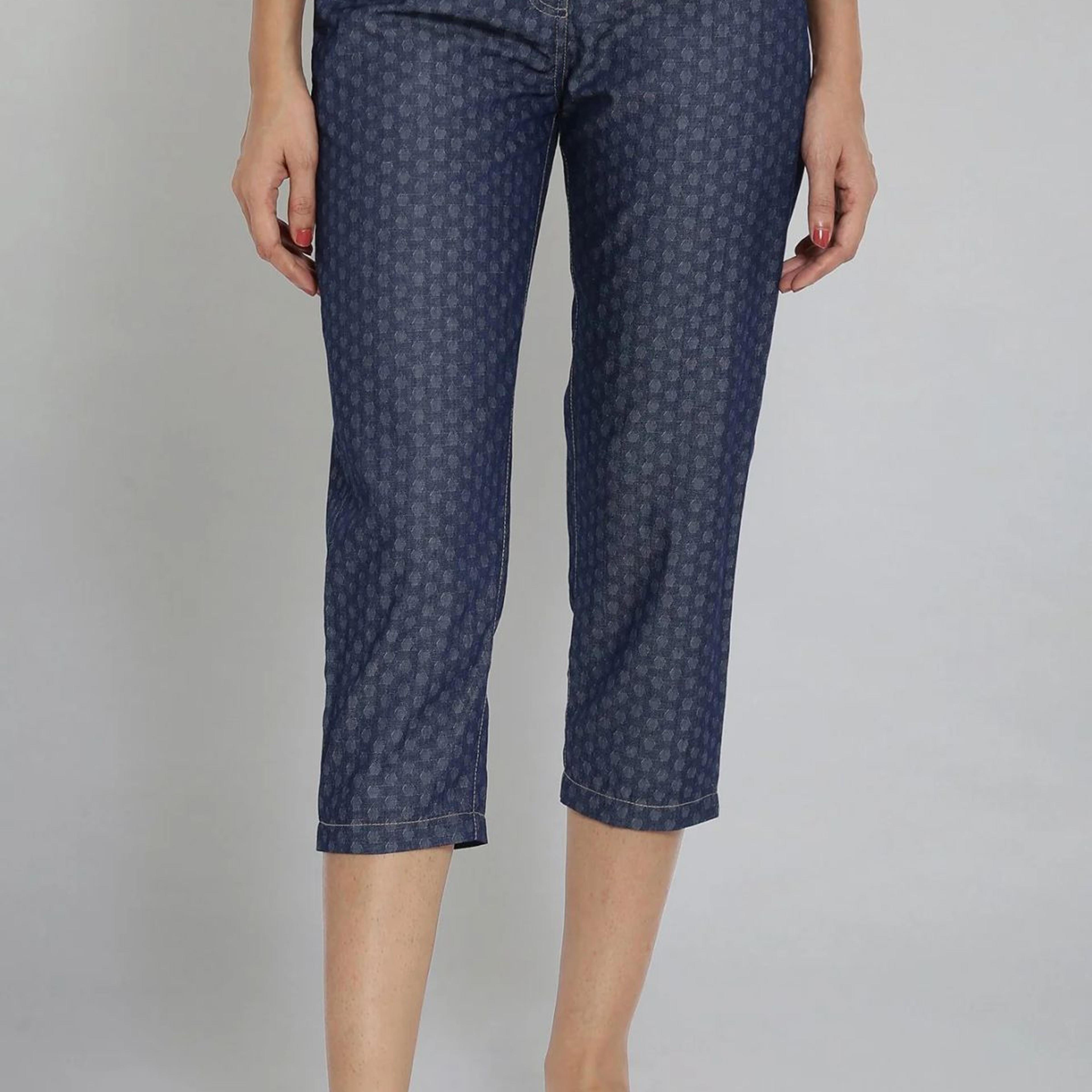 Blue Polka Dots Wide Leg Denim Culottes With Elasticated Waist