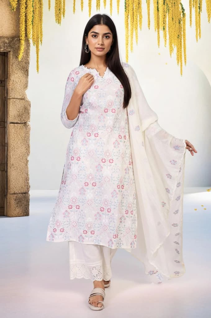 Off-White Embroidered Lace Trim Straight Cotton Kurta with Flared Pant and Dupatta Set — photo 2