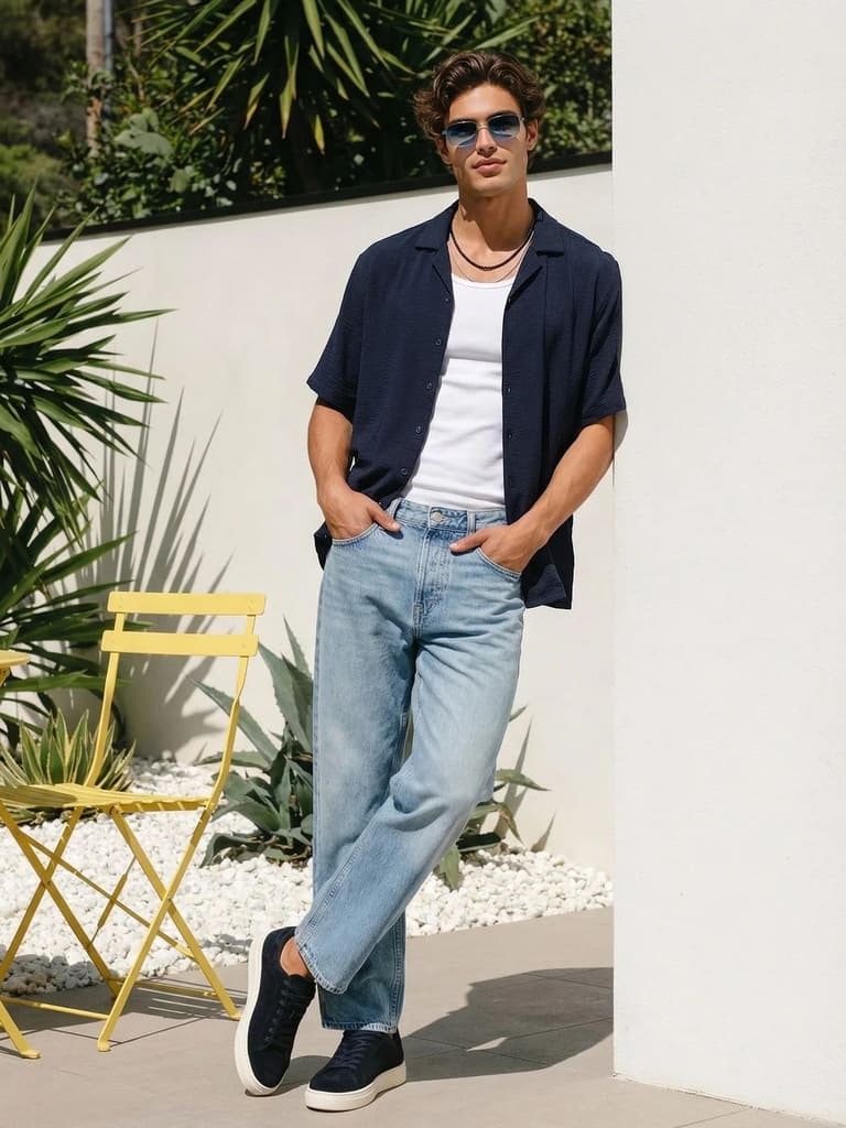 Men's Navy Cotton Half Sleeve Relaxed Fit Textured Shirt with Cuban Collar — photo 4