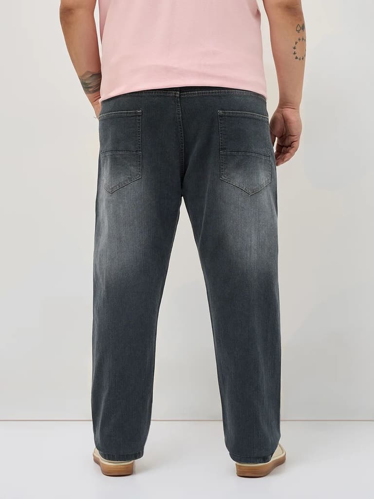 Plus Men's Dark Grey Straight Fit Washed Denim Jeans Stretchable — photo 3