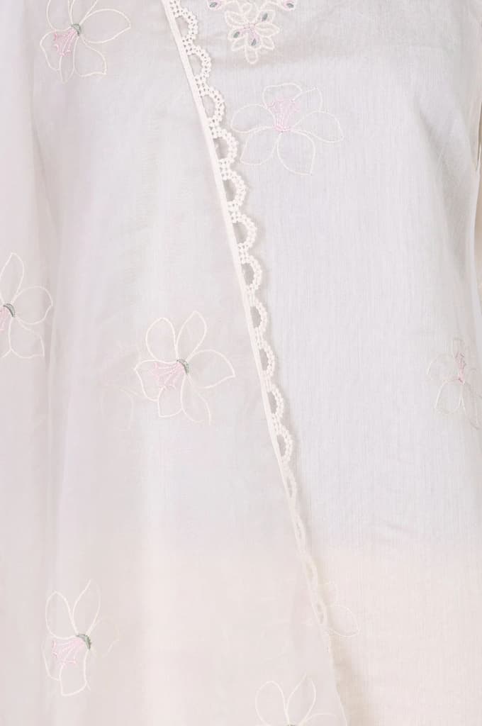 Off White Thread Embroidered Chanderi Straight Kurta with Straight Pants and Dupatta Set — photo 2