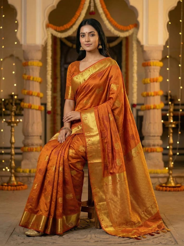 MIMOSA Women's Woven Design Banarasi Style Raw Silk Saree with Blouse Piece - Mustard ( SA00003136MSFREE ) — photo 4