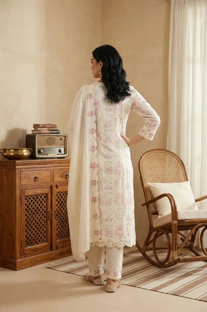 Off White Chikankari Pure Cotton Straight Kurta with Pants and Dupatta Set — photo 5