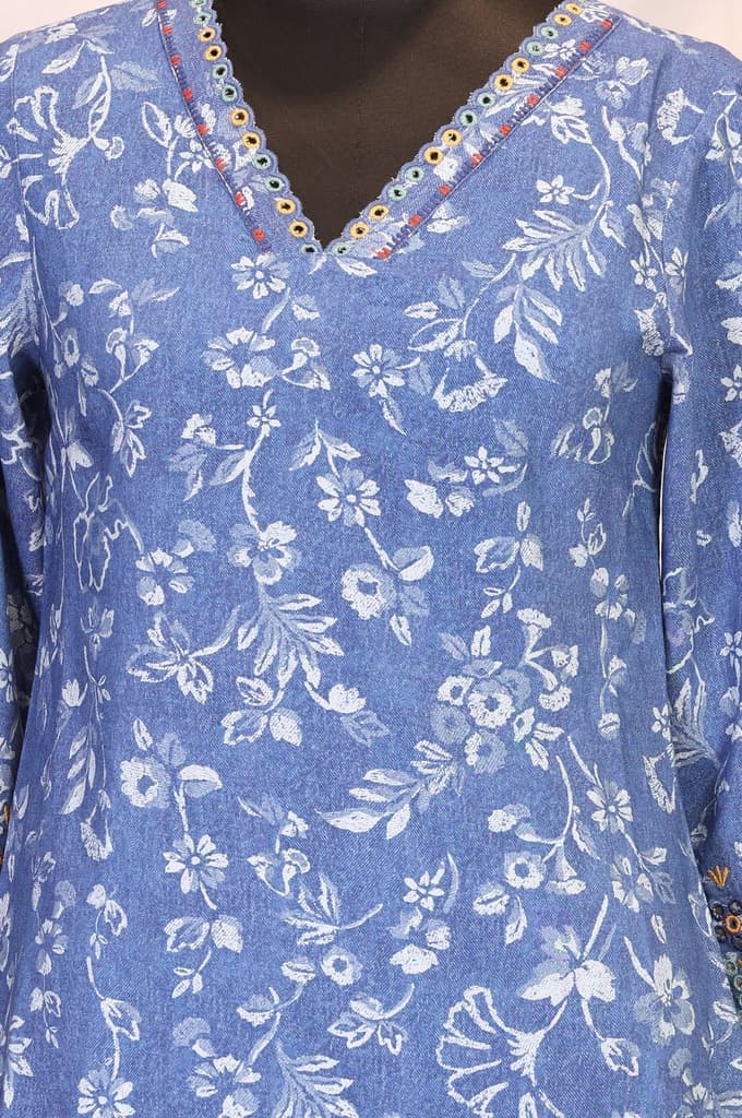 Blue Floral Printed Straight Kurta with Pants Set — photo 2