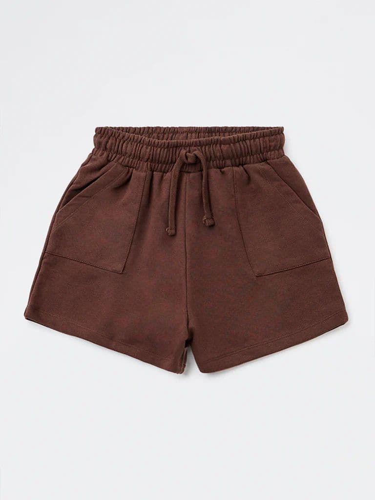 Y&F Kids Girls Brown Solid High-Rise Cotton-Blend Shorts