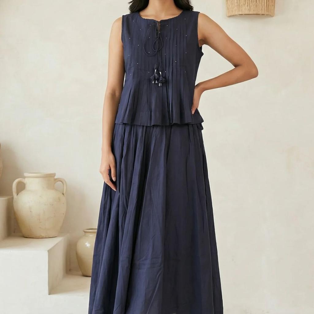 Navy Blue Solid Tassel Pure Cotton Pleated Top with Skirt Set