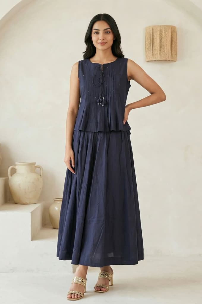 Navy Blue Solid Tassel Pure Cotton Pleated Top with Skirt Set — XS