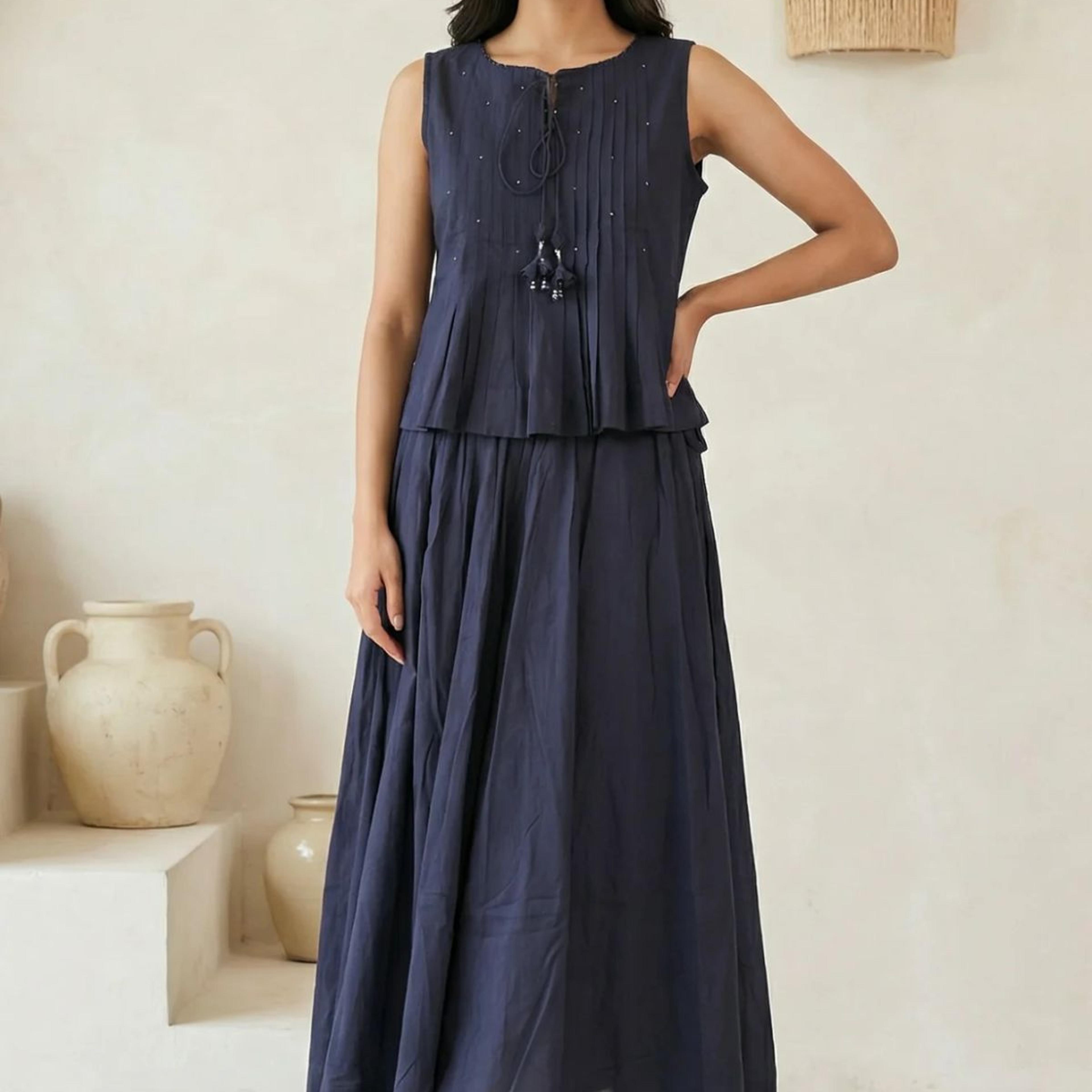 Navy Blue Solid Tassel Pure Cotton Pleated Top with Skirt Set