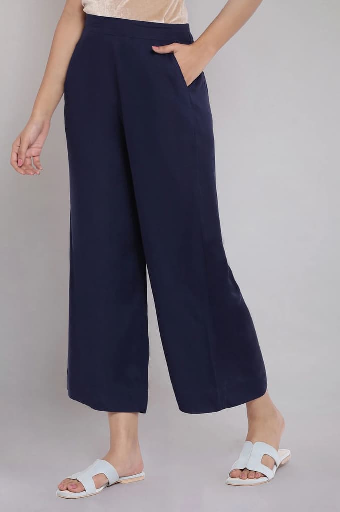Navy Blue Solid Straight Fit Tencel Palazzo With Elasticated Waist — photo 3