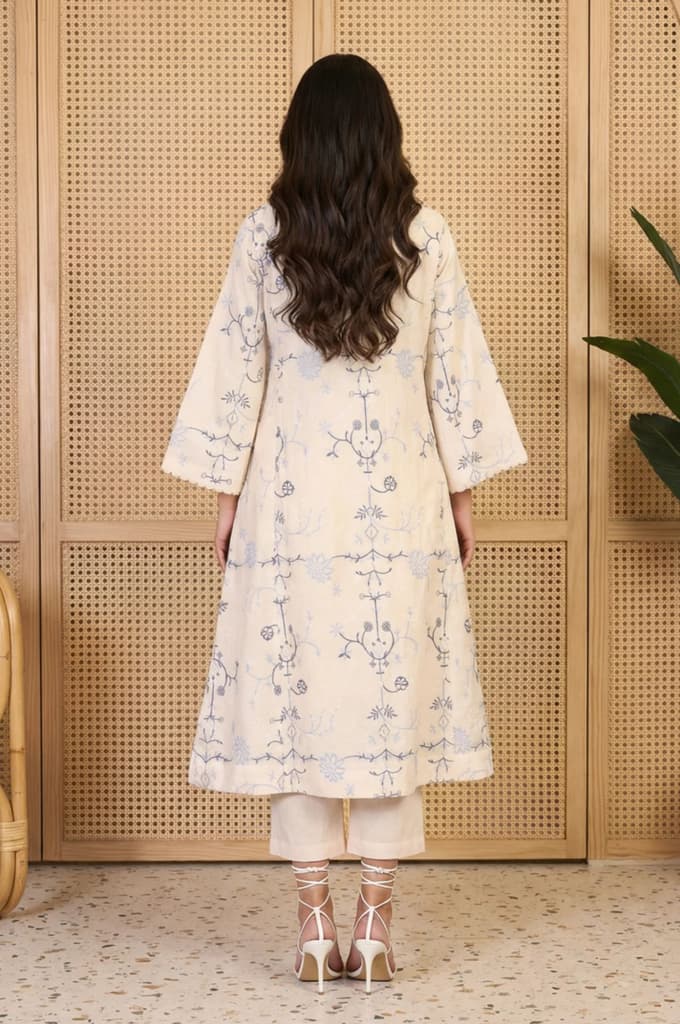 Off White Floral Embroidered Rayon A-line Kurta and Straight Pants Set — photo 4