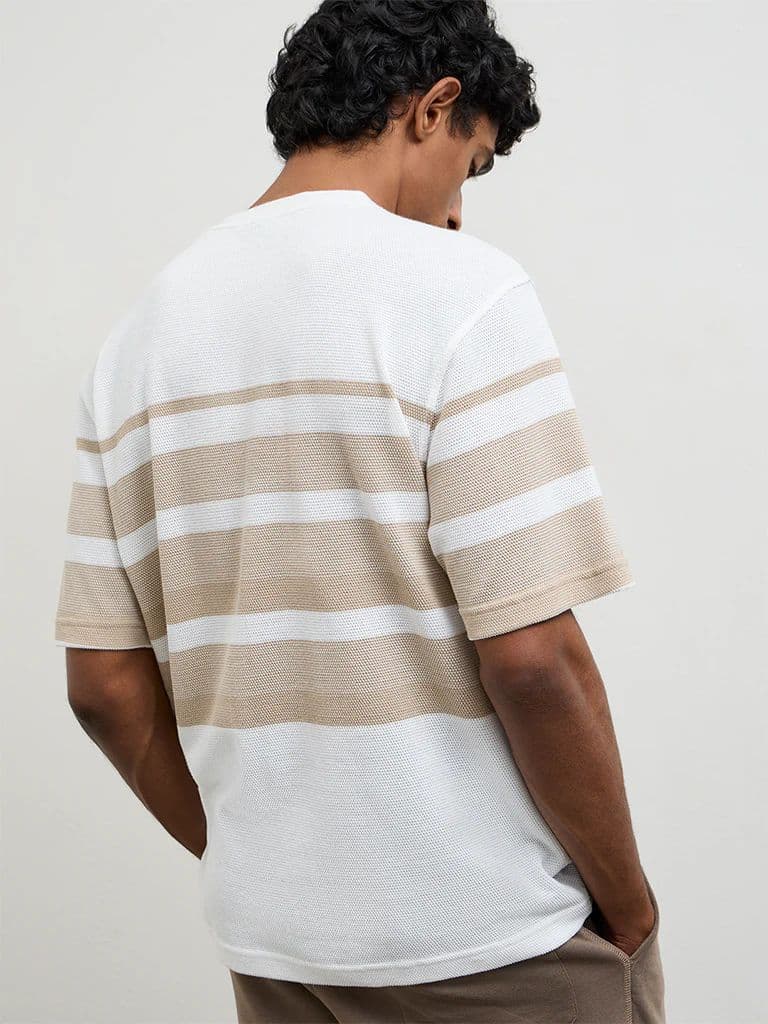 WES Lounge Beige Striped Relaxed-Fit Cotton T-Shirt — photo 4