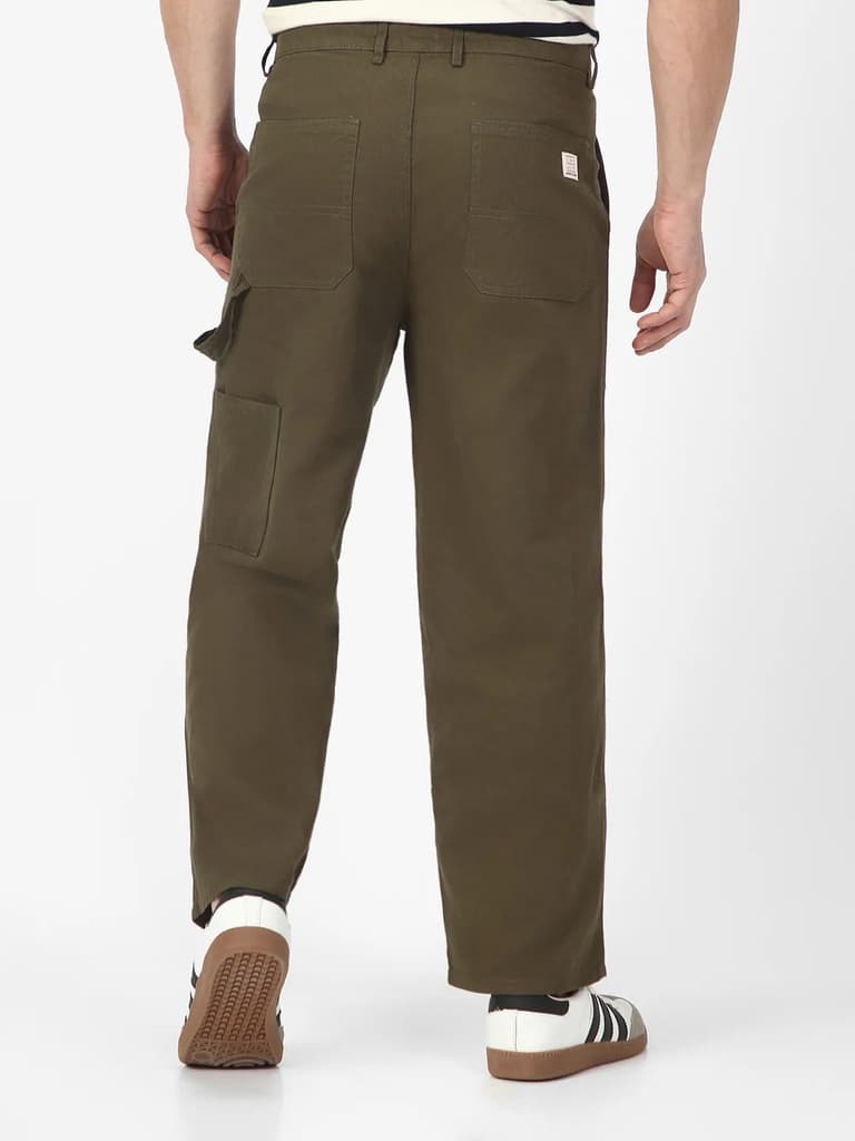 Men's Olive Loose Baggy Fit Solid Carpenter Trouser Pant with 5 Pockets Non-Stretchable — photo 3