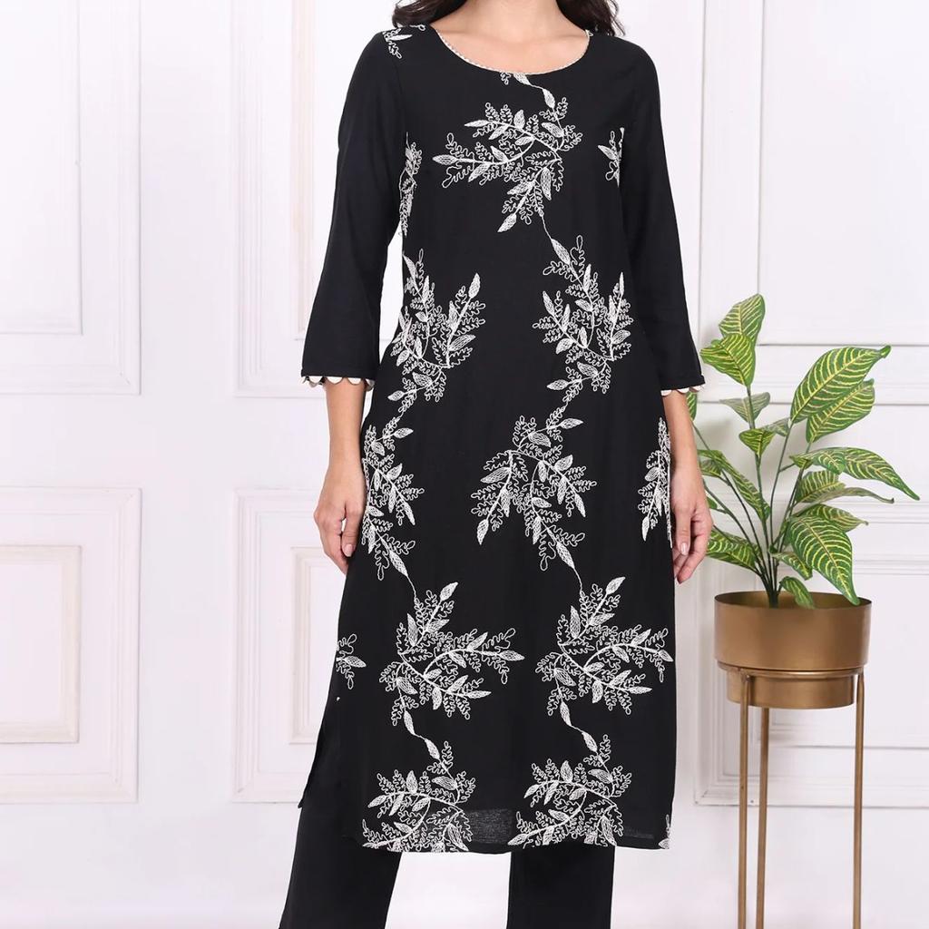 Black Floral Printed Embroidered Rayon Straight Kurta and Pants Set