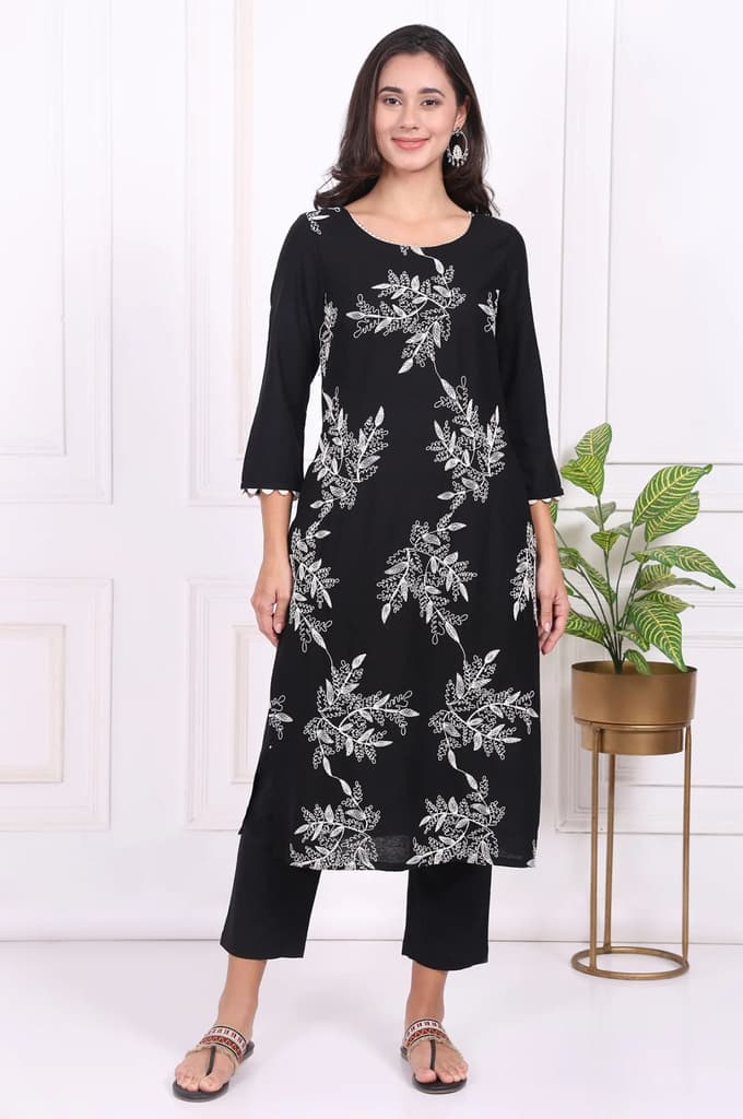 Black Floral Printed Embroidered Rayon Straight Kurta and Pants Set — XS