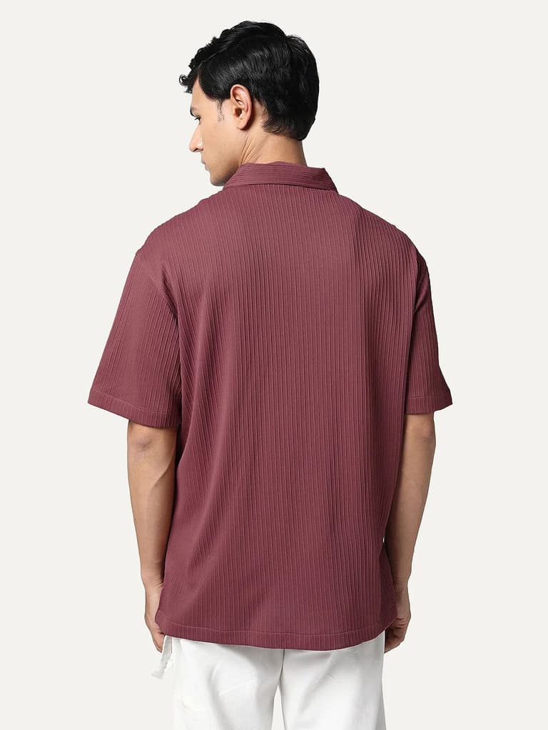 Men's Light Maroon Cotton Half Sleeve Oversized Fit Textured Shirt with Cuban Collar — photo 3