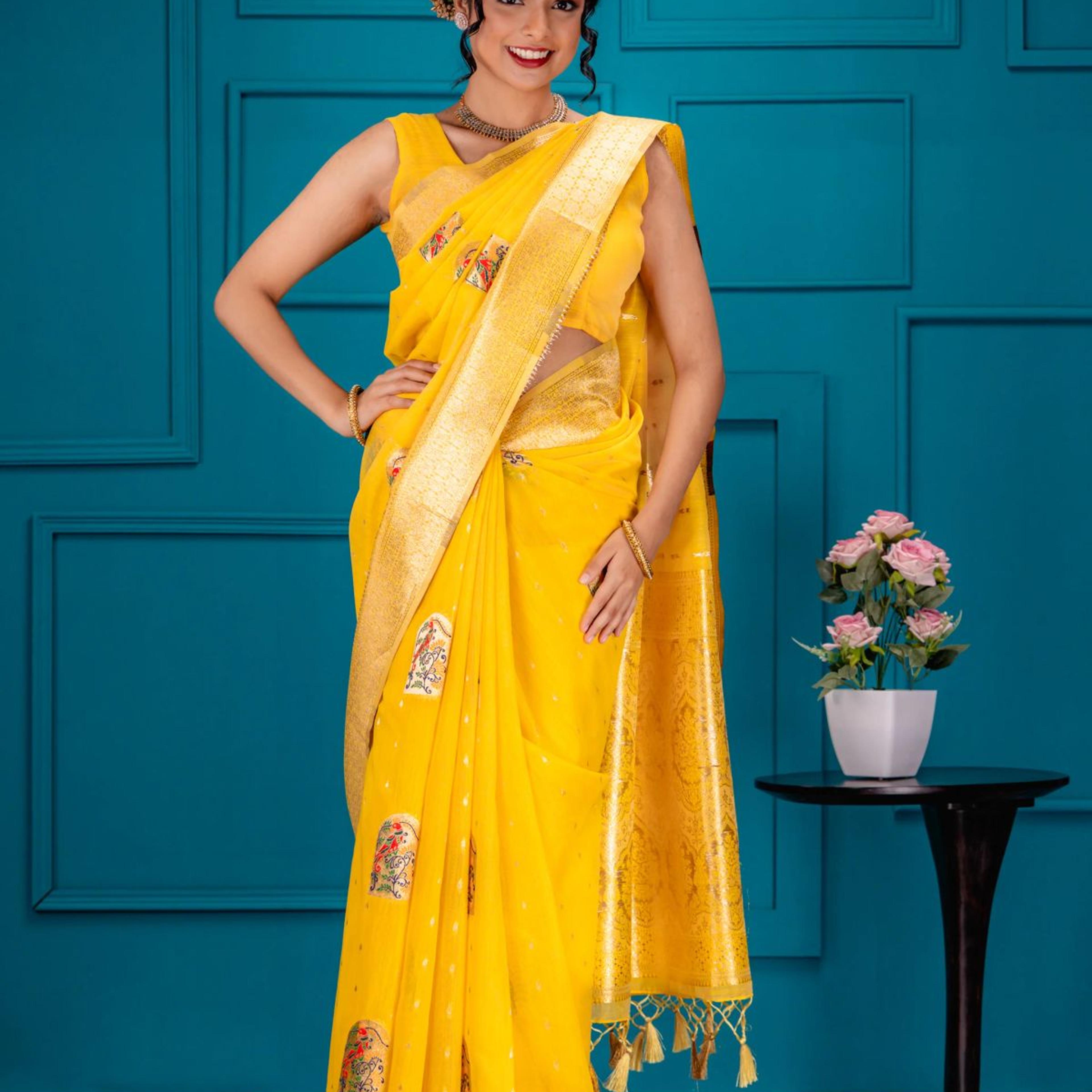 Mimosa Women's Woven Design Banarasi Style Art Silk Saree With Blouse Piece : SA00001771GDFREE