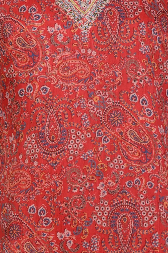 Rust Paisley Printed Straight Chiffon Kurta with Embroidered Neck — photo 2