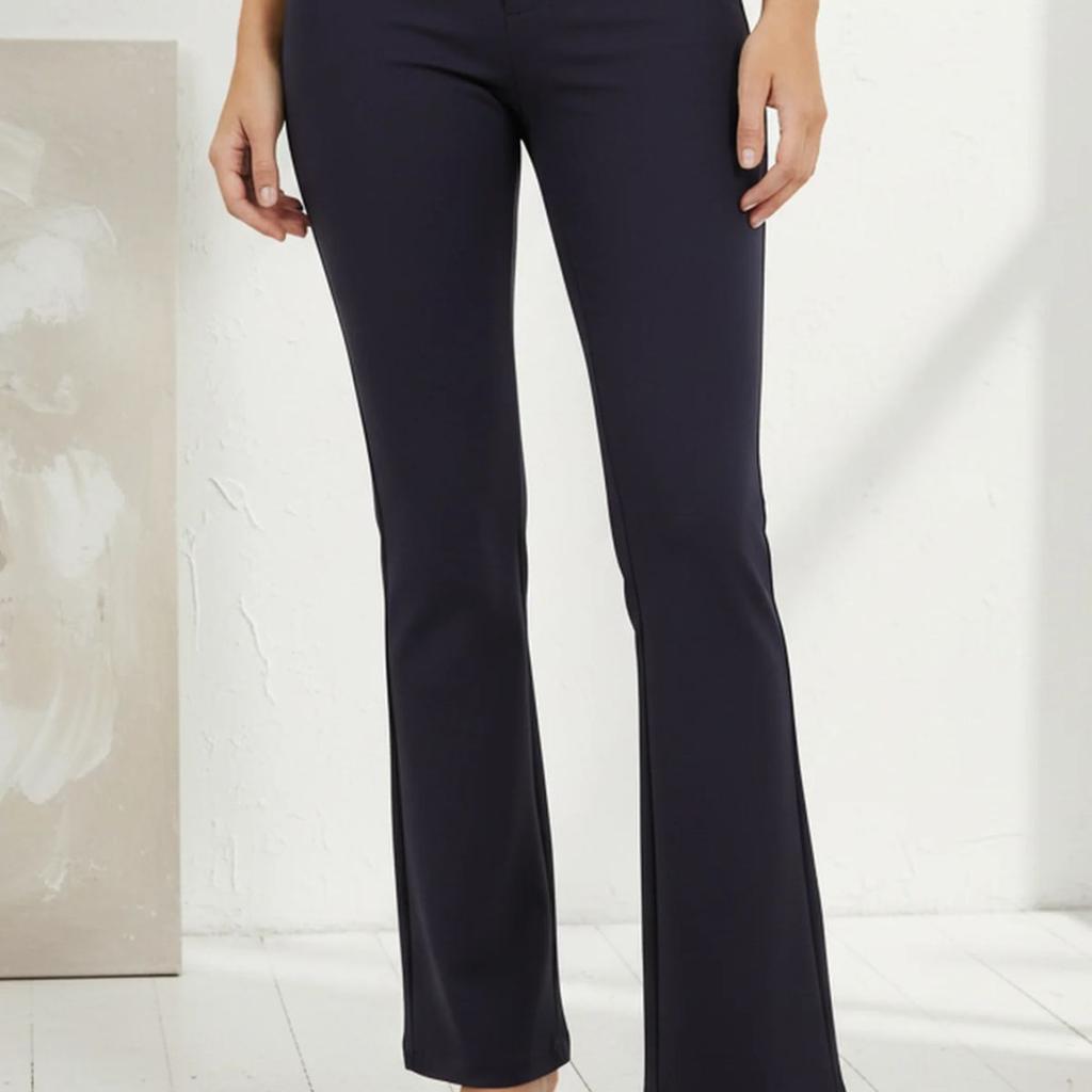 Navy Blue Solid Buttons Rayon Slim Fit Flared Boss Pants
