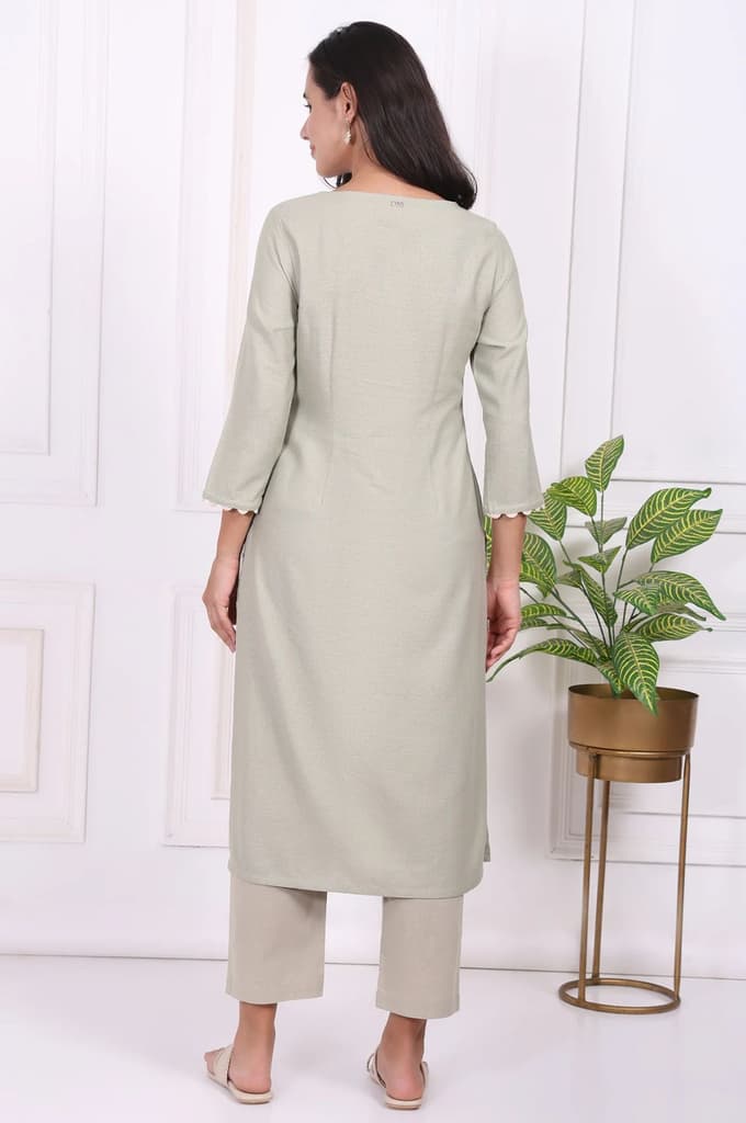 Green Floral Printed Embroidered Rayon Straight Kurta and Pants Set — photo 5