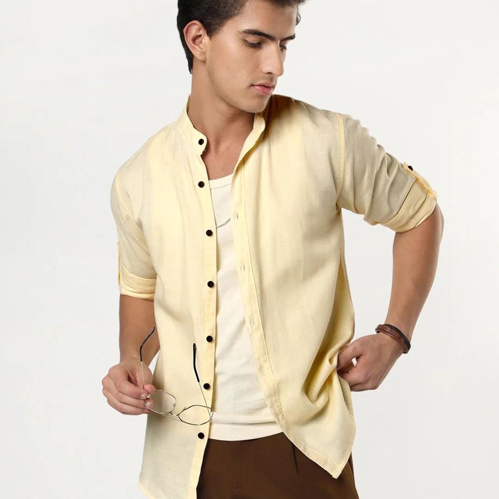 Men's Tender Yellow Linen Blend Full Sleeve Relaxed Fit Mandarin Collar Casual Solid Shirt