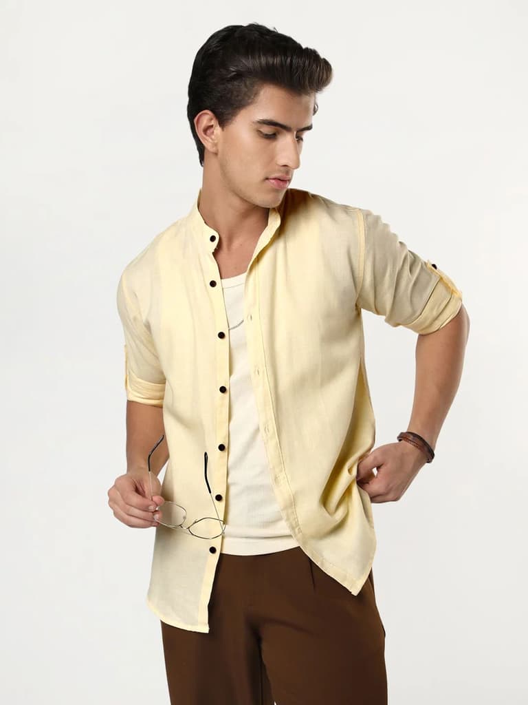 Men's Tender Yellow Linen Blend Full Sleeve Relaxed Fit Mandarin Collar Casual Solid Shirt