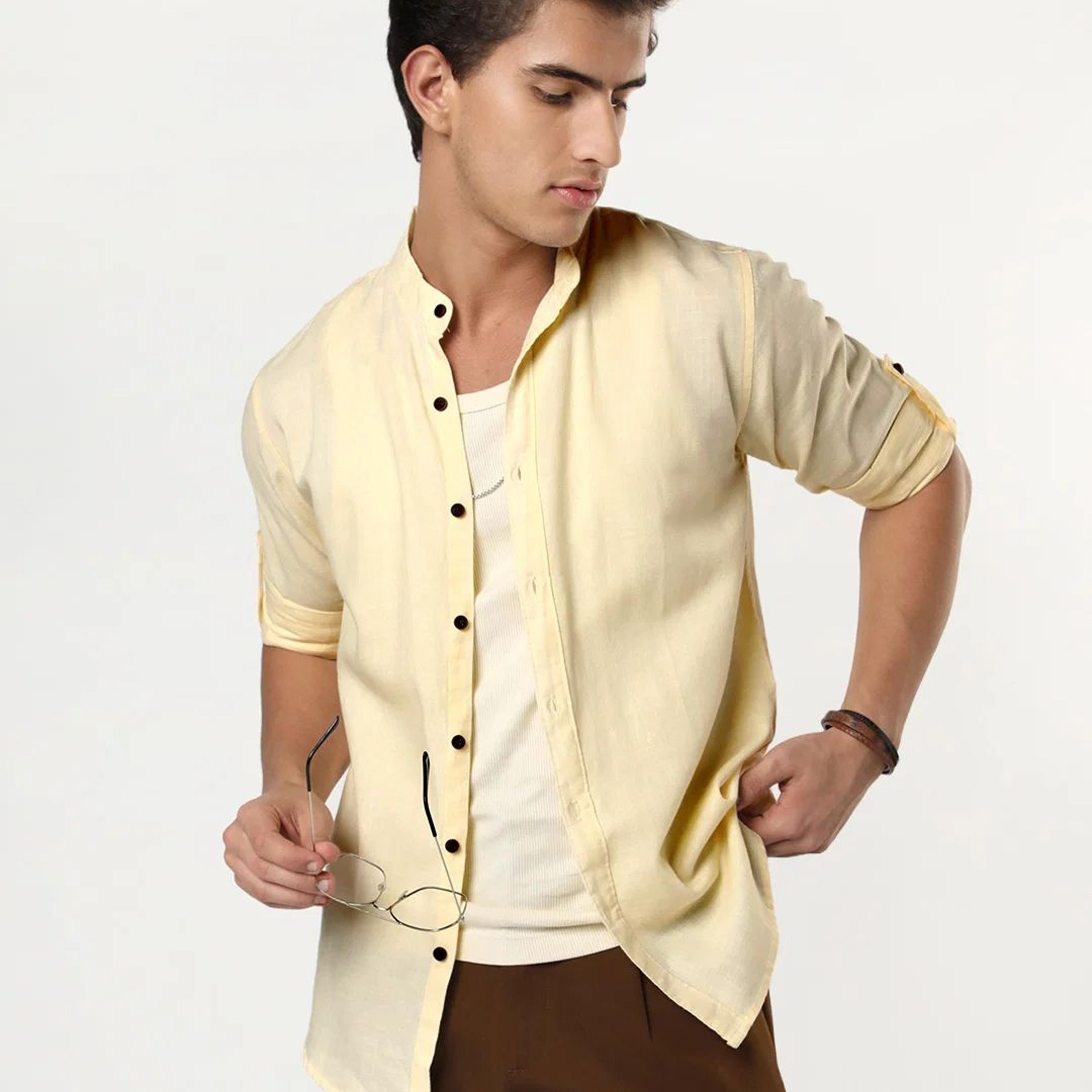 Men's Tender Yellow Linen Blend Full Sleeve Relaxed Fit Mandarin Collar Casual Solid Shirt