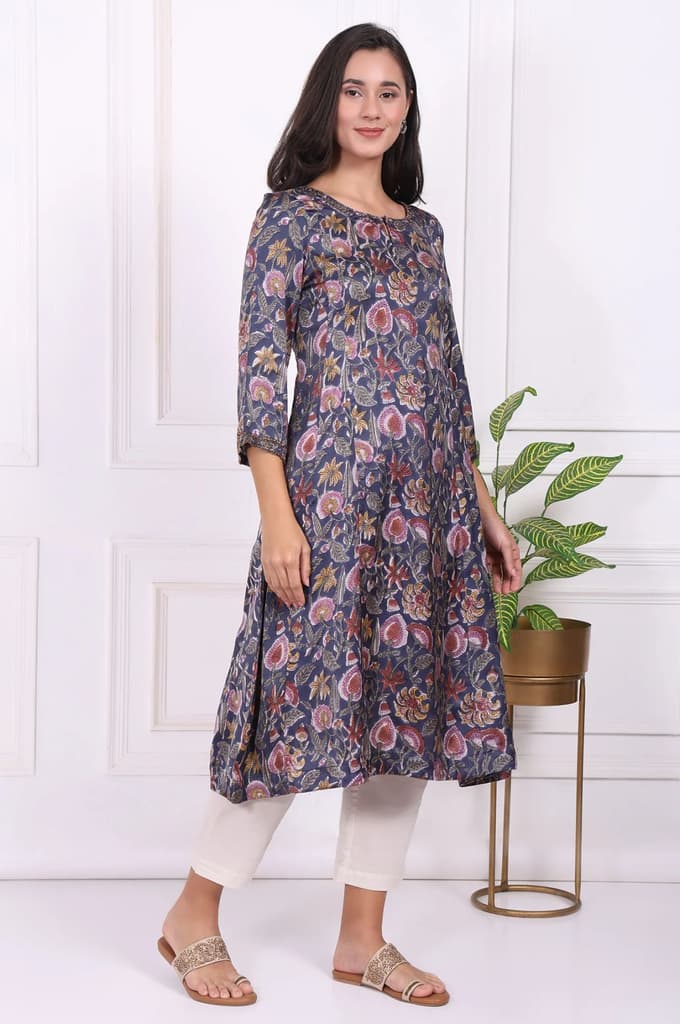 Navy Blue Floral Printed Beadwork Modal Satin A-line Kurta — photo 6
