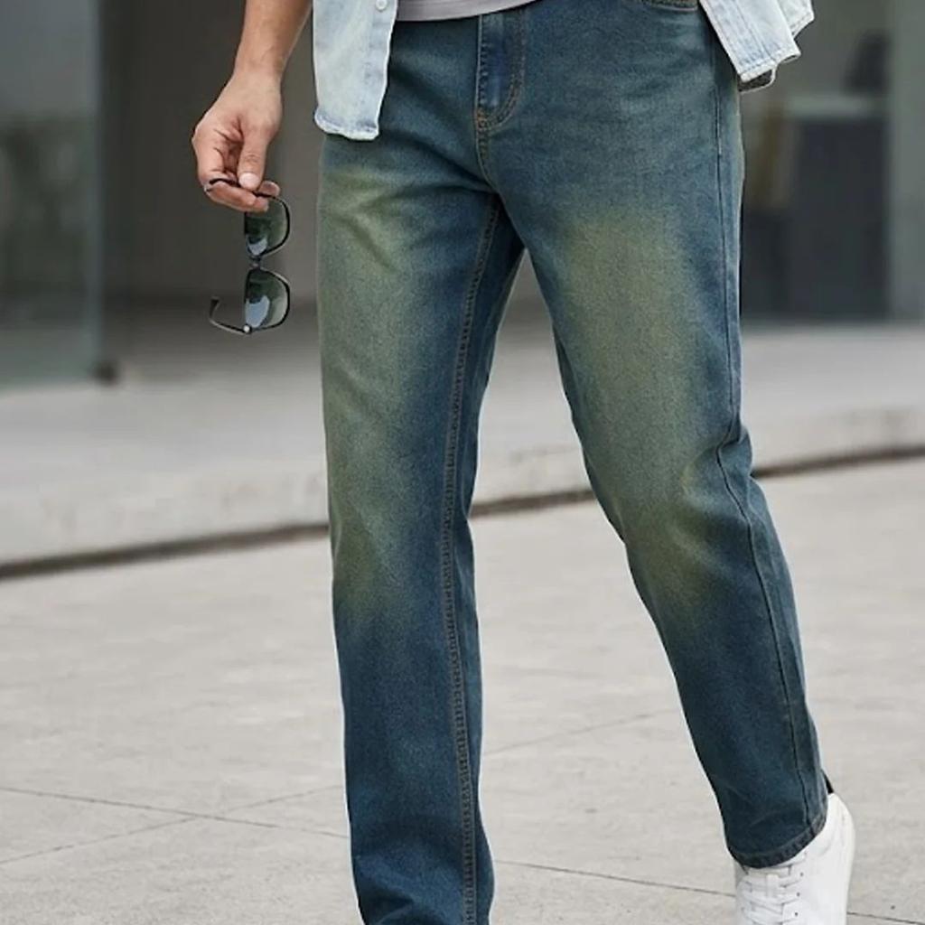 Men's Light Blue Straight Fit Heavy Washed Jeans Stretchable