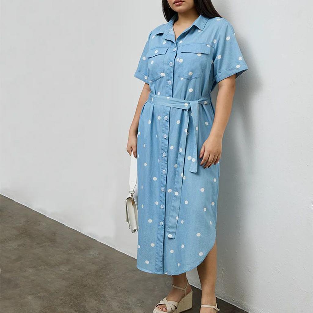 Gia Blue Polka Dotted Cotton Shirt Dress with Belt