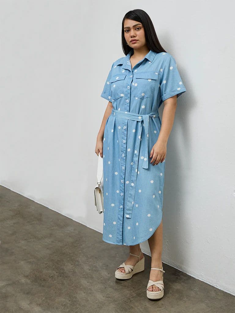 Gia Blue Polka Dotted Cotton Shirt Dress with Belt
