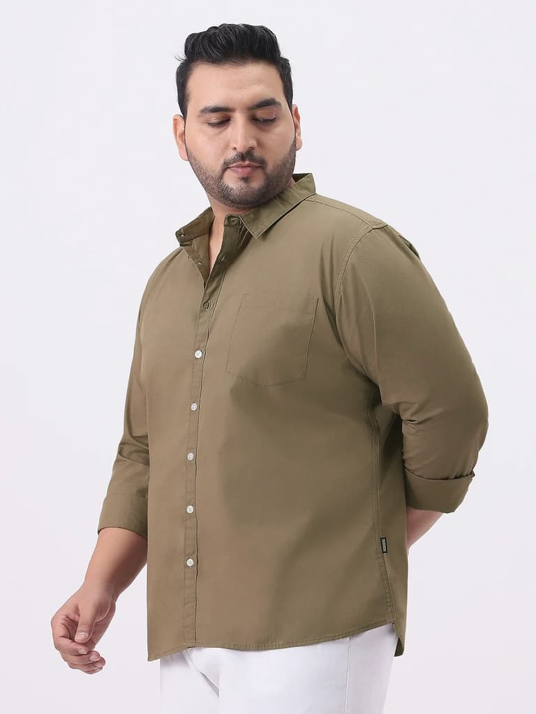 Plus Men's Olive Cotton Full Sleeve Regular Fit Casual Solid Shirt — photo 2