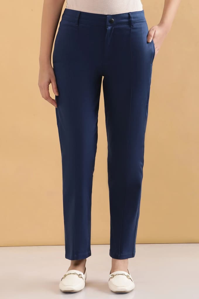 Blue Solid Straight Fit Cotton Pants With Pintuck Detail — photo 2