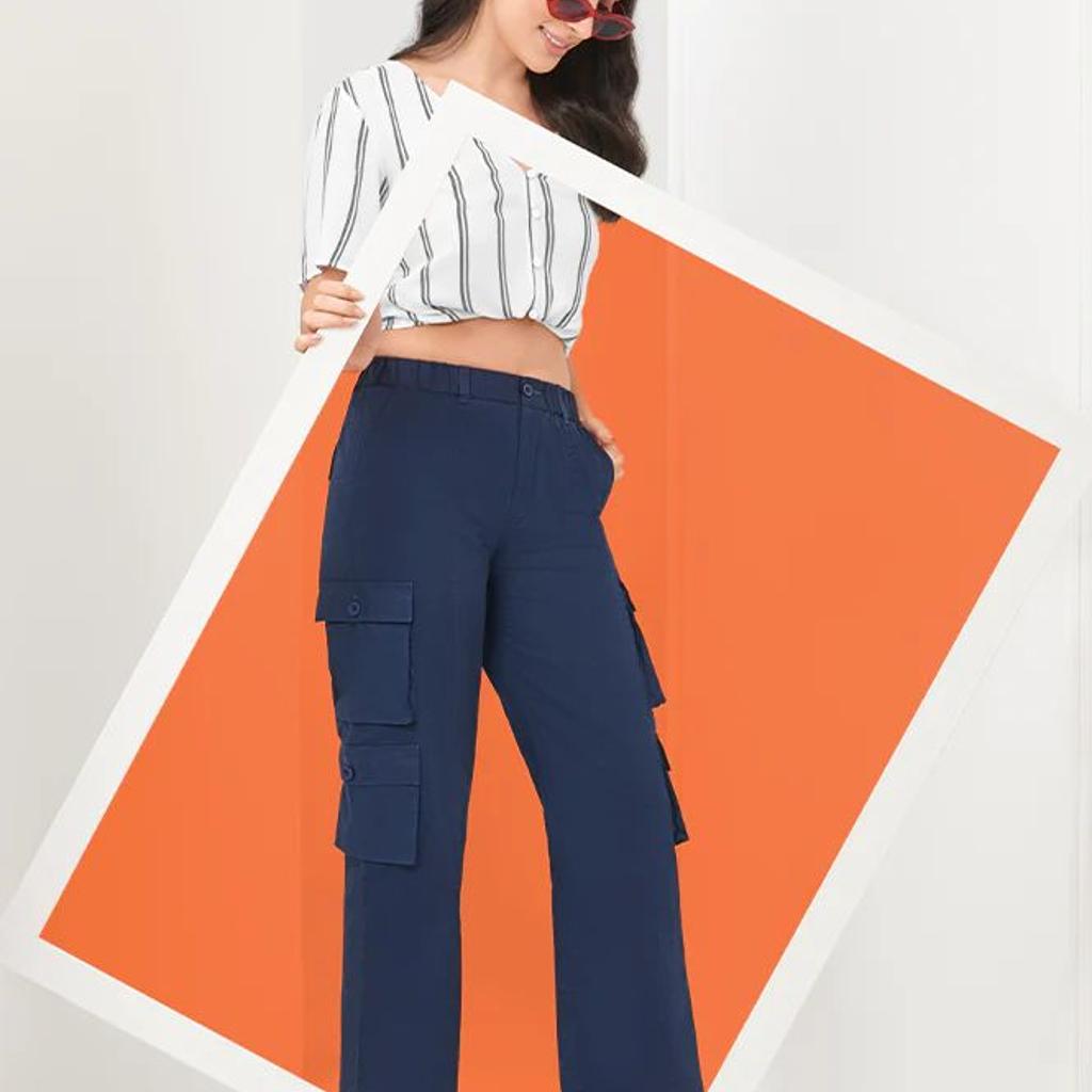 Navy Blue Solid Straight Fit Cotton Cargo Pants With Elasticated Waist