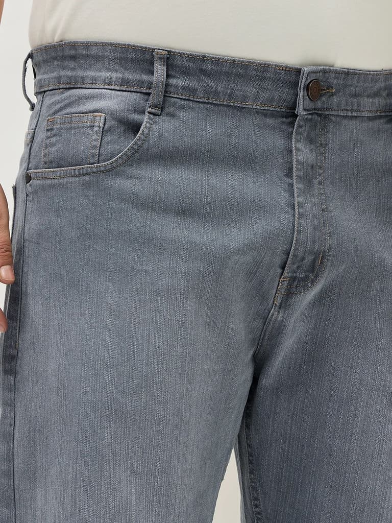 Plus Men's Grey Straight Fit Washed Denim Jeans Stretchable — photo 5