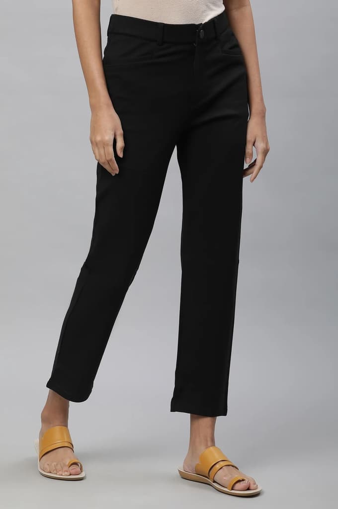 Black Solid Slim Fit Trousers With Elasticated Waist — photo 4