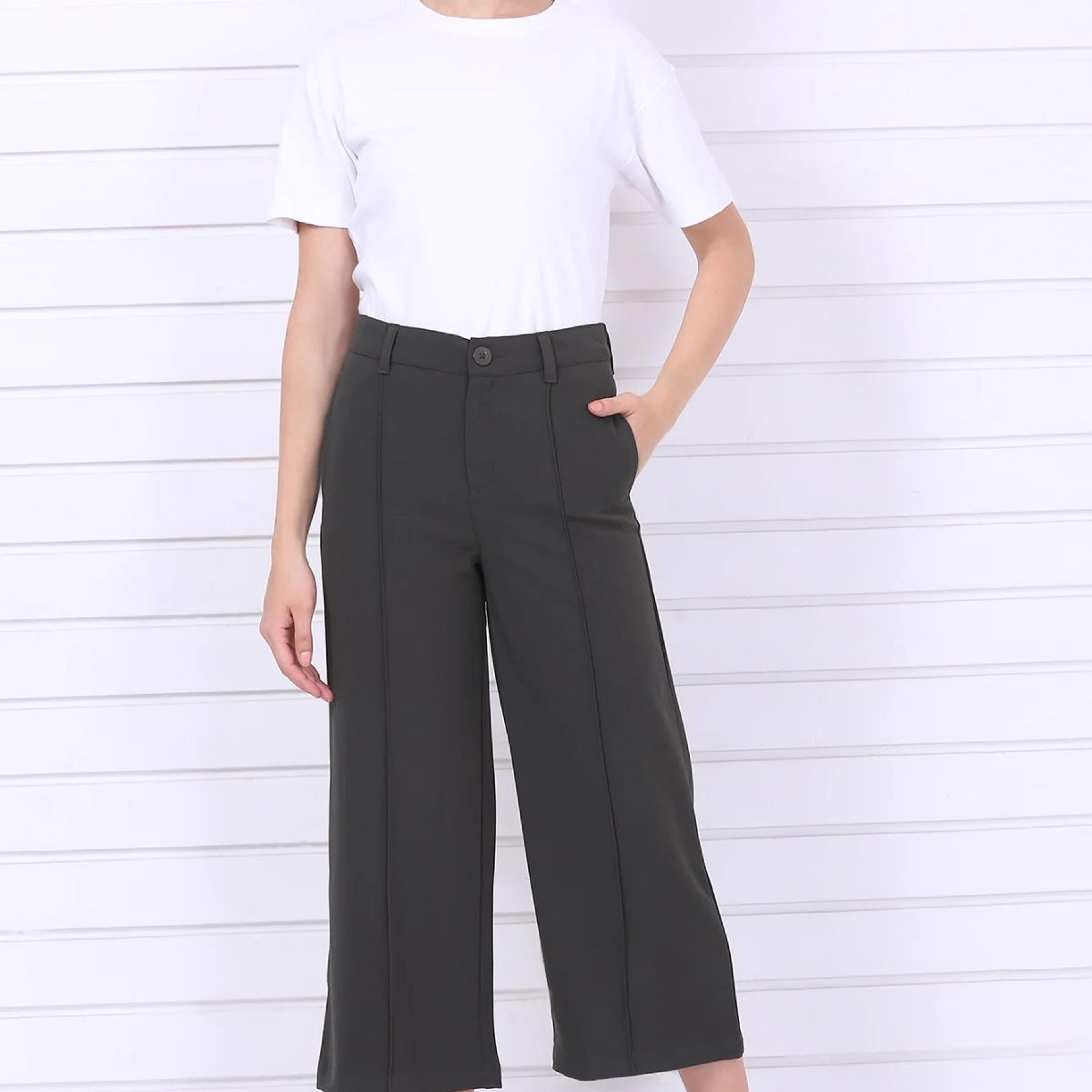 Green Solid Calf Length Culottes with YKK Zipper