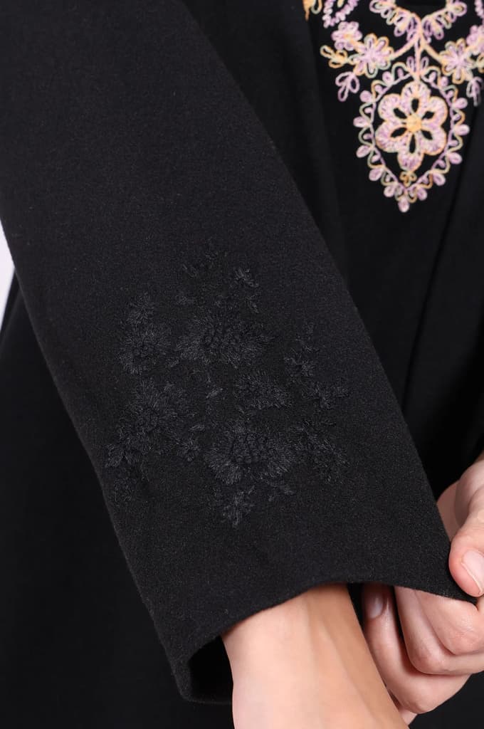 Black Embroidered Straight Woven Coat — photo 6