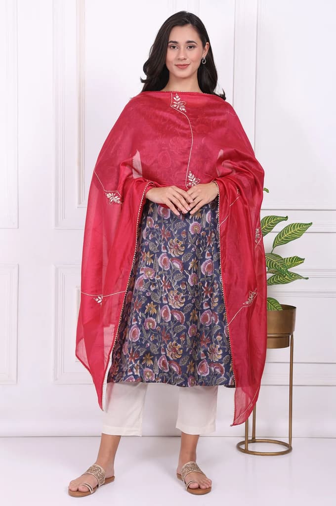 Pink Floral Printed Embroidered Silk Blend Dupatta — FS