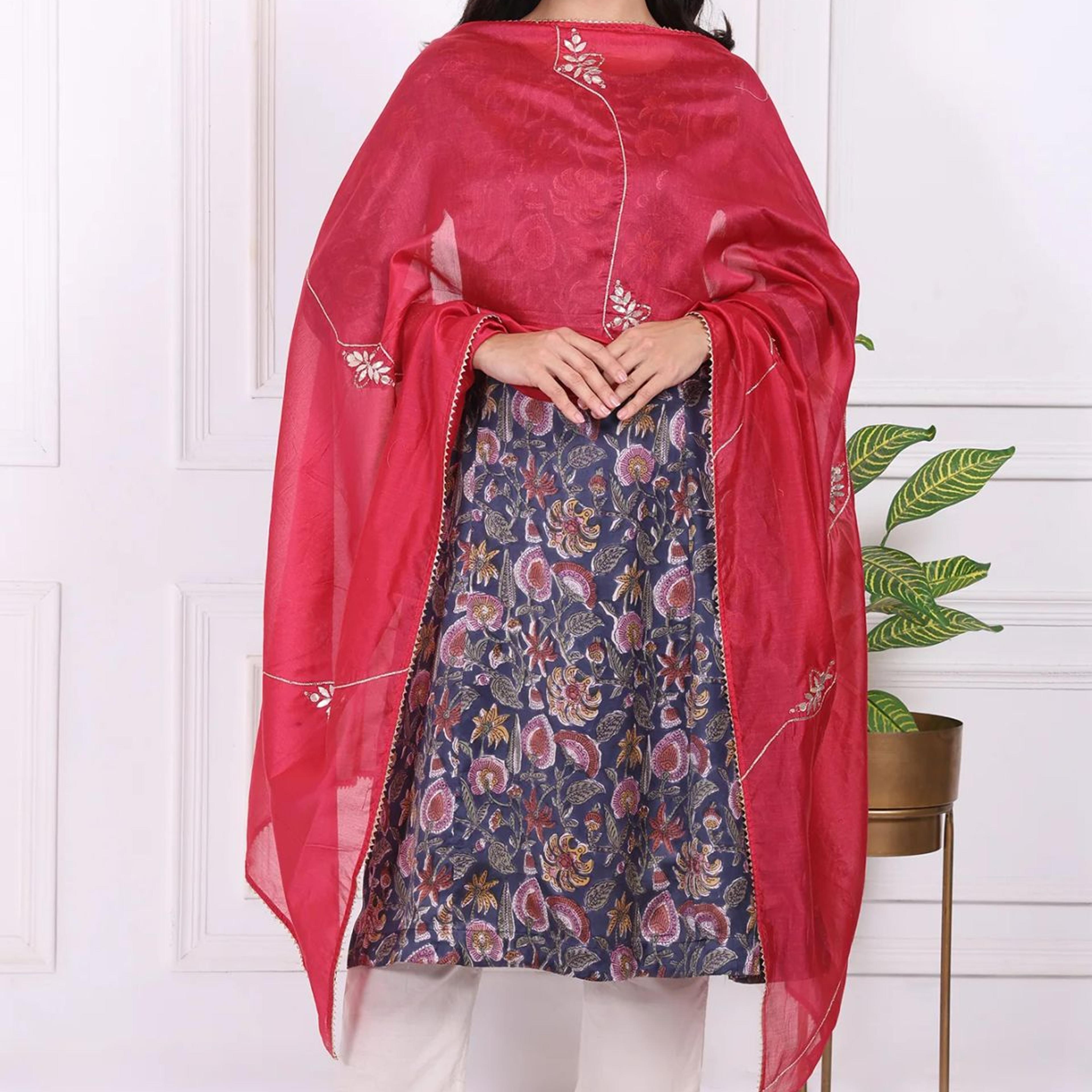 Pink Floral Printed Embroidered Silk Blend Dupatta