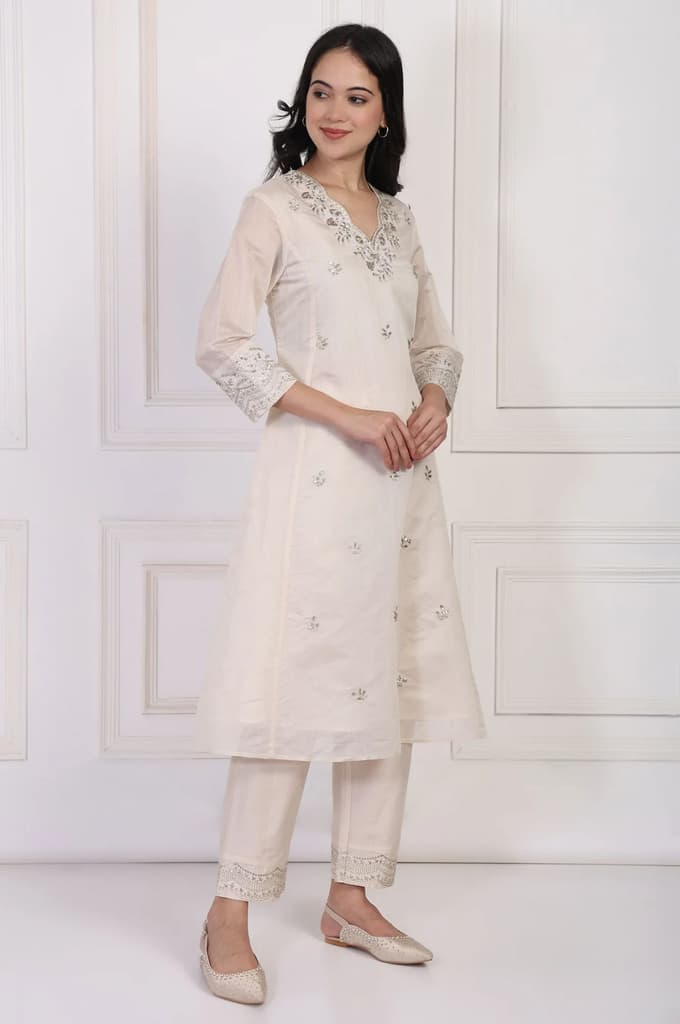 Off-White Embroidered A-Line Kurta with Straight Pant and Dupatta Set — photo 6