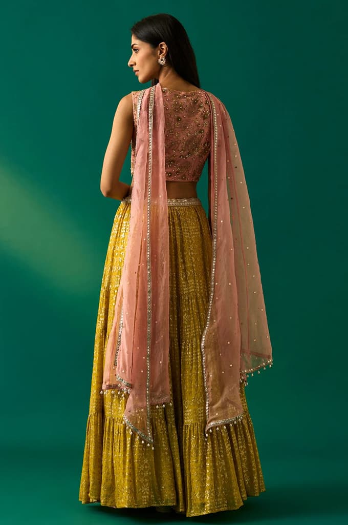 Pink Embroidered Straight Cut Blouse with Skirt and Dupatta Set — photo 4