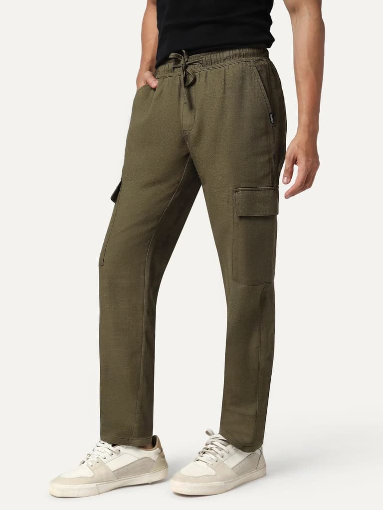 Men's Olive Straight Fit Linen Cargo Pants with 6 Pockets — photo 2