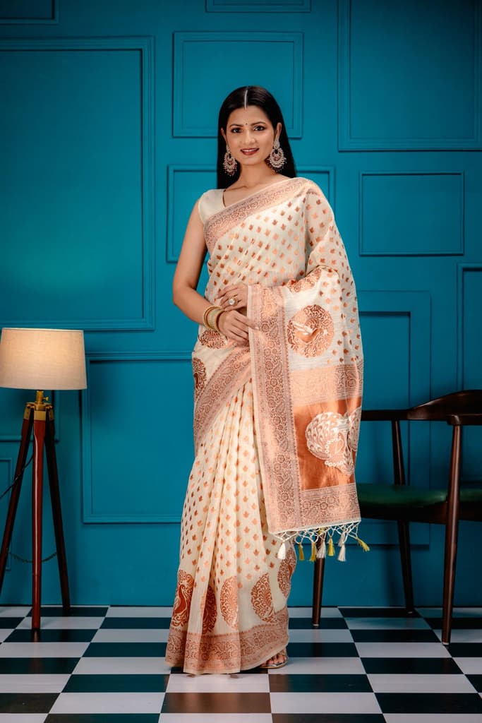 Mimosa Women's Woven Design Banarasi Style Art Silk Saree With Blouse Piece : SA00001808HWFREE — Halfwhite
