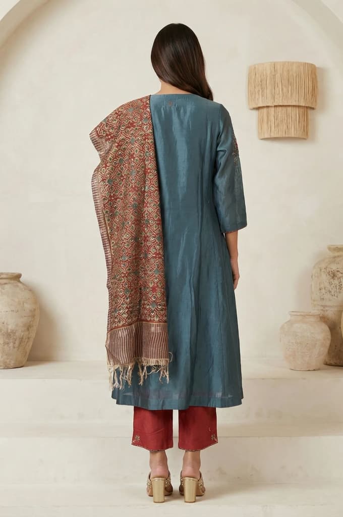 Teal Embroidered Silk Blend A-line Kurta with Straight Pants and Dupatta Set — photo 4