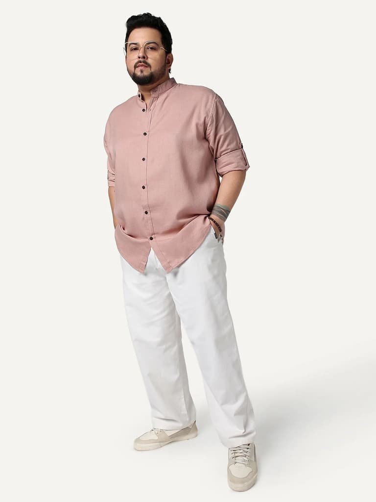 Plus Men's Dusty Pink Linen Blend Full Sleeve Relaxed Fit Mandarin Collar Casual Solid Shirt — photo 4