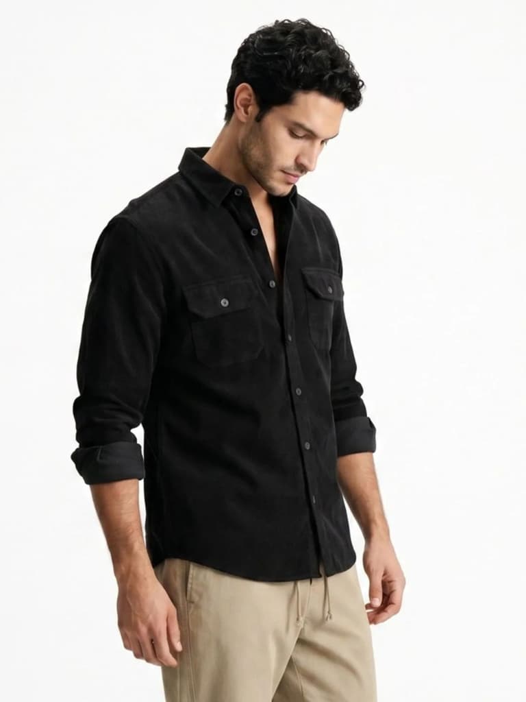 Men's Black Corduroy Full Sleeve Regular Fit Solid Overshirt with Utility Pockets — photo 2