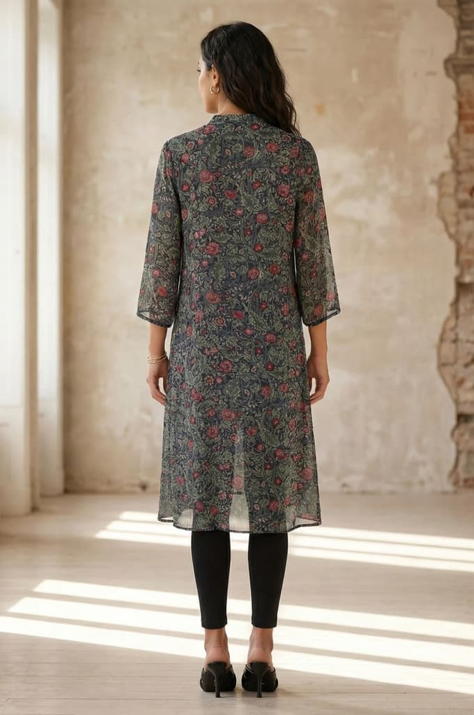 Black Floral Printed Sequins Chiffon Straight Kurta — photo 5